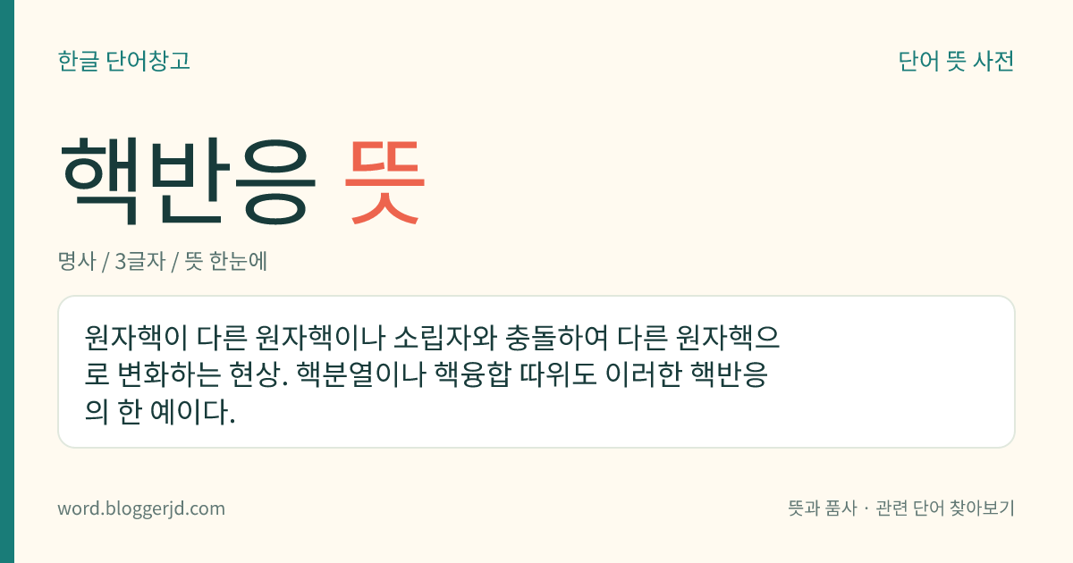 핵반응 뜻: 원자핵이 다른 원자핵이나 소립자와 충돌하여 다른 원자핵으로 변화하는 현상. 핵분열이나 핵융합 따위도 이러한 핵반응의 한 예이다.