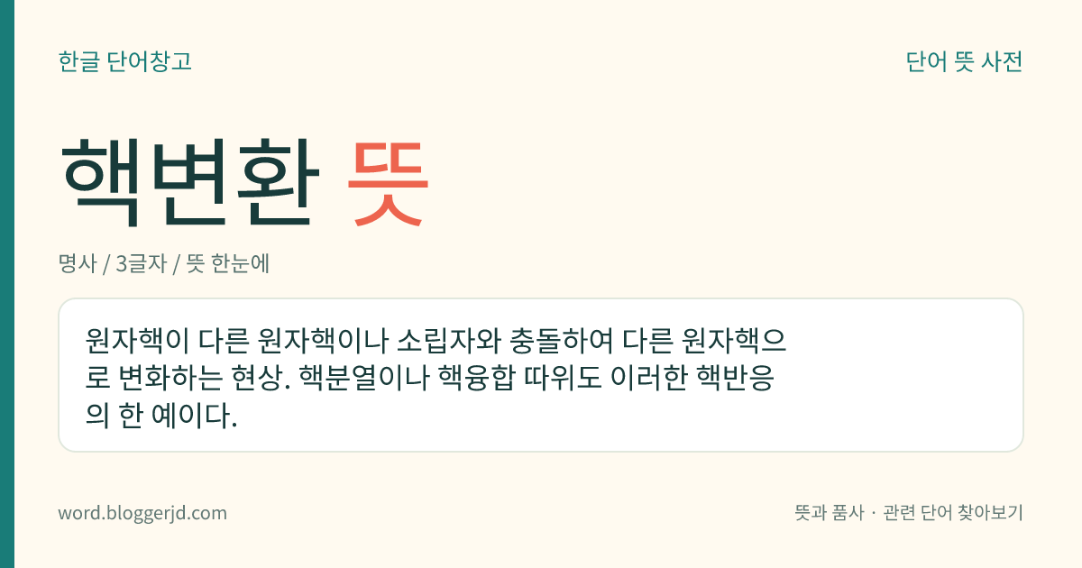 핵변환 뜻: 원자핵이 다른 원자핵이나 소립자와 충돌하여 다른 원자핵으로 변화하는 현상. 핵분열이나 핵융합 따위도 이러한 핵반응의 한 예이다.