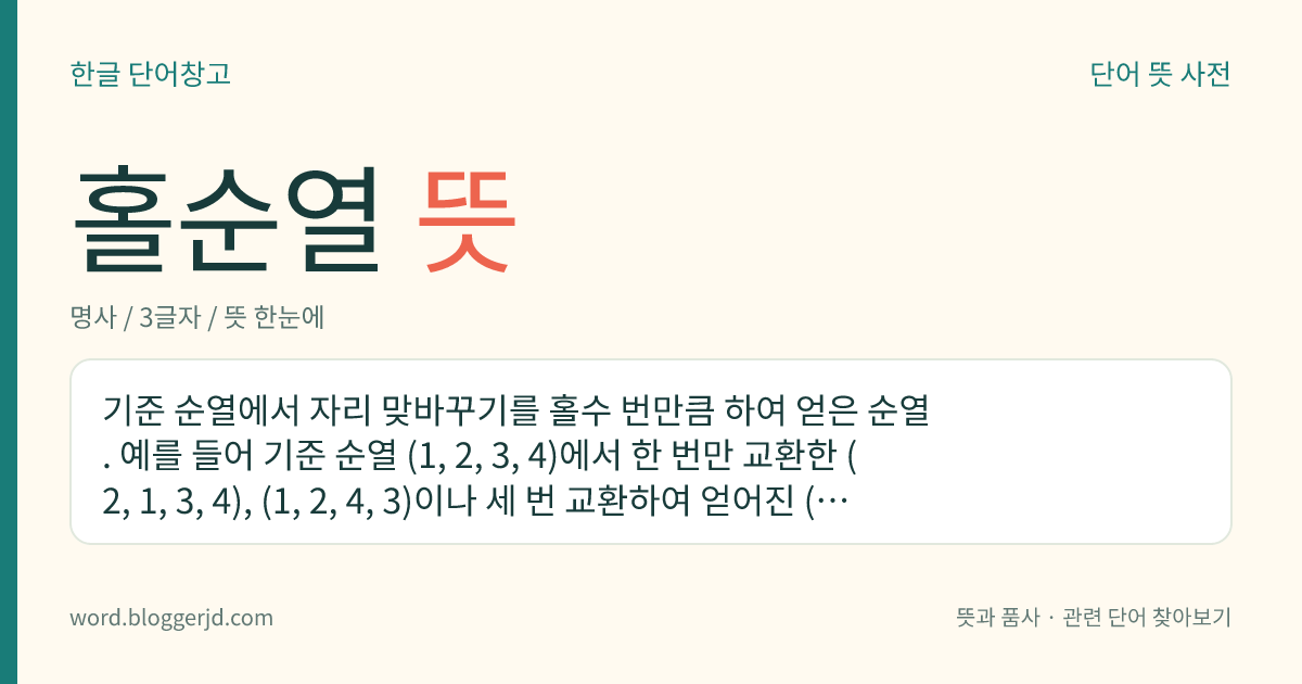 홀순열 뜻: 기준 순열에서 자리 맞바꾸기를 홀수 번만큼 하여 얻은 순열. 예를 들어 기준 순열 (1, 2, 3, 4)에서 한 번만 교환한 (2, 1, 3, 4), (1, 2, 4, 3)이나 세 번 교환하여 얻어진 (2, 3, 4, 1) 따위를 이른다.